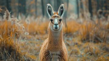 a llama standing in the tall grass in the woods photo