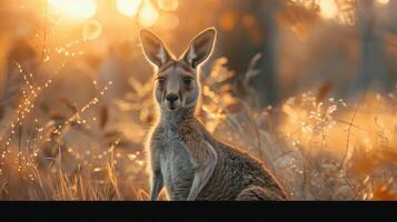 a kangaroo that is standing in the grass with the sun behind it photo
