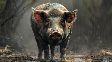 a pig that is standing in the dirt photo