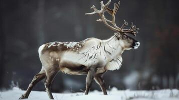reindeer with large antlers walking through a snowy forest in the snow photo