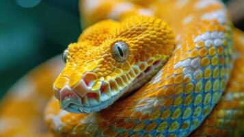 a close up of a yellow snake with a blue and white pattern photo