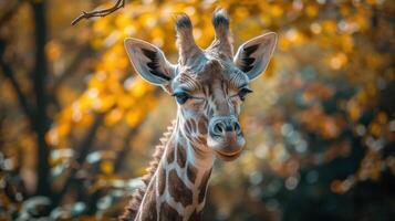 a giraffe that is standing in the woods looking at the camera photo
