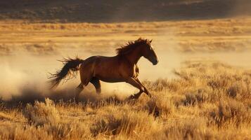 a horse running in the field with dust flying around photo
