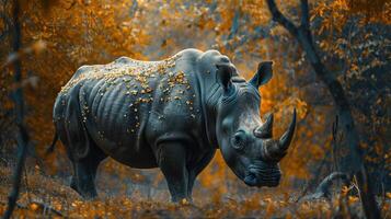 a rhino standing in the middle of a forest photo