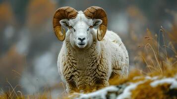 a ram with large horns standing in a field photo