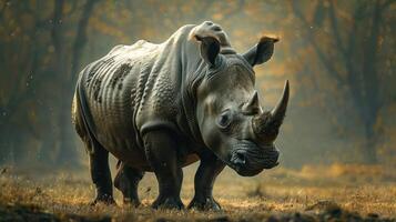 a rhino standing in a field with trees in the background photo