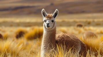 a llama standing in a field of tall grass photo
