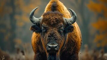 a bison with large horns standing in a field photo
