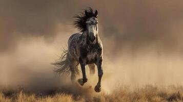 a black and white horse running through a field photo
