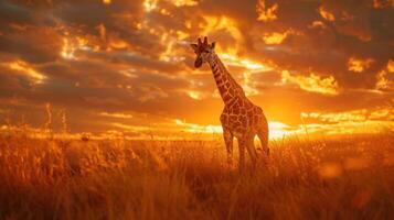 The sun is setting on the horizon, and a giraffe stands in front of it. photo
