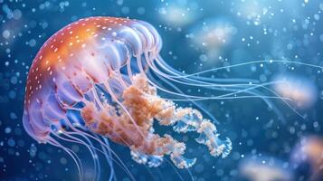 A close-up image of a purple jellyfish with trailing tentacles in the ocean. photo
