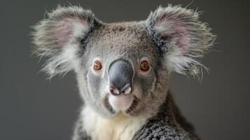 A koala gazes at the camera with an expression of concern or anticipation. photo