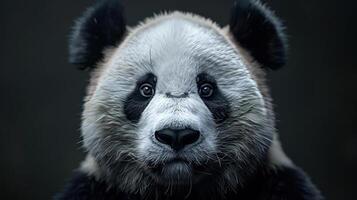 A close-up of a panda's face with sad eyes looking directly at the camera. photo