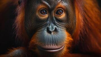 A close-up photograph of an orangutan's face showing its features and expressions. photo