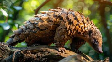 A pangolin walking on a tree trunk covered with cut tree branches and leaves, in a jungle setting. photo