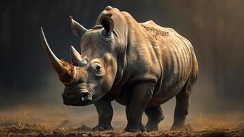 Two rhinos walking through the savannah with trees in the background. photo
