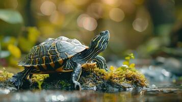 A turtle is captured mid-stride on a mossy surface in a pond, photo