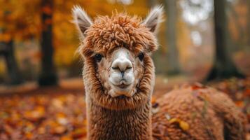 Cute fluffy alpaca with long fur and a happy expression in autumn leaves. photo