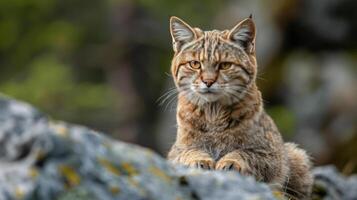 A grumpy looking wild cat in a natural setting. photo