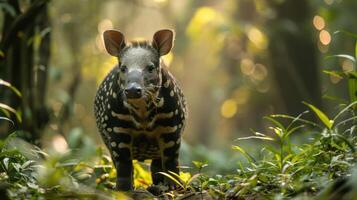 Baby piglet in a sunny jungle setting with trees and plants around him. photo