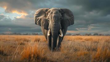 A majestic grey elephant standing alone in a field. The image conveys a sense of calm and serenity. photo