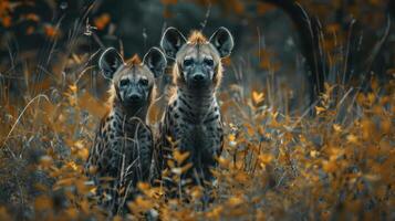 Two cheetah cubs in a grassy field with trees and yellow flowers during the fall season photo