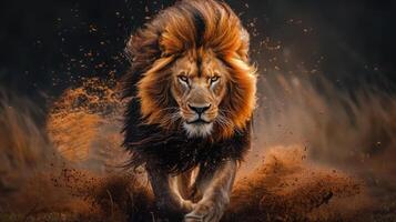 Majestic lion in full stride across a dusty field. photo
