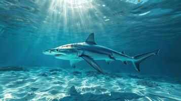 A large shark swimming in the open ocean near the surface of the water. photo