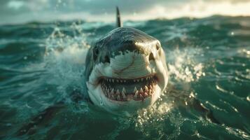 A close-up of a shark's face with an open mouth revealing sharp teeth. The shark is in the water, photo