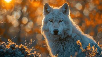 A wolf howls at sunset with a forest of trees and orange sky background. photo