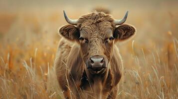 A large brown bull standing in tall grasses with its head lowered, looking directly ahead. photo
