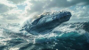 Large whale swimming in the ocean on a clear day, with blue skies and some clouds. photo