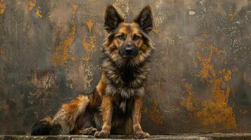 A young dog with a skeletal appearance stands in front of a wall with rusted metal panels, photo