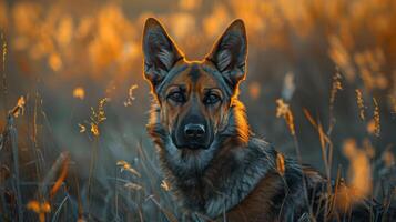 a dog sitting in a field with sunset lighting. The dog's ears are perked up, and it looks alert. photo