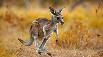 A kangaroo is running in a grassy field. photo
