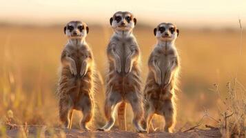 Three meerkats standing on a sandy field at sunset. The light is warm and golden, photo