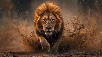 Majestic lion captured running through a cloud of dust, showcasing its powerful and swift nature. photo