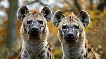 A side-by-side comparison of two hyenas with identical facial features staring directly into the cam photo
