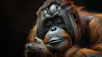 An orangutan is seen looking directly at the camera with a concerned expression. photo
