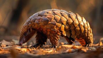 An adorable pangolin walking on fallen leaves next to a tree trunk. photo