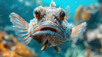 A close-up image of a coral reef fish displaying its bright colors and patterns. photo