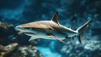 Underwater photograph of a shark in the ocean. photo