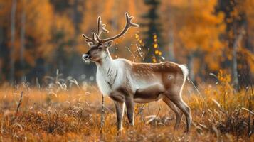 A deer in a forest during the fall season, with trees displaying autumnal colors. photo
