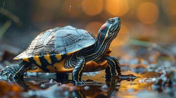 A small turtle crawling across a puddle of water, photo