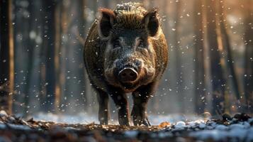 A pig is standing in a snowy forest with trees in the background, looking towards the camera. photo