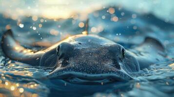 A close-up image of a stingray swimming in the ocean, photo