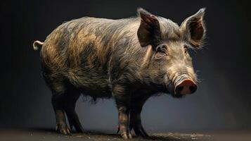 A close up of a pig with mud on it, looking away from the camera. photo