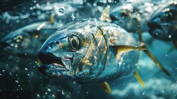 Underwater scene with a bunch of fish swimming around. photo