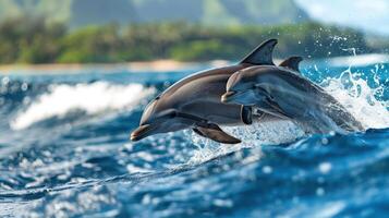 A dynamic scene featuring two dolphins in mid-air, enjoying their time in the ocean. photo
