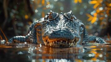 A crocodile with its mouth open, resting on the surface of a body of water, surrounded by greenery. photo
